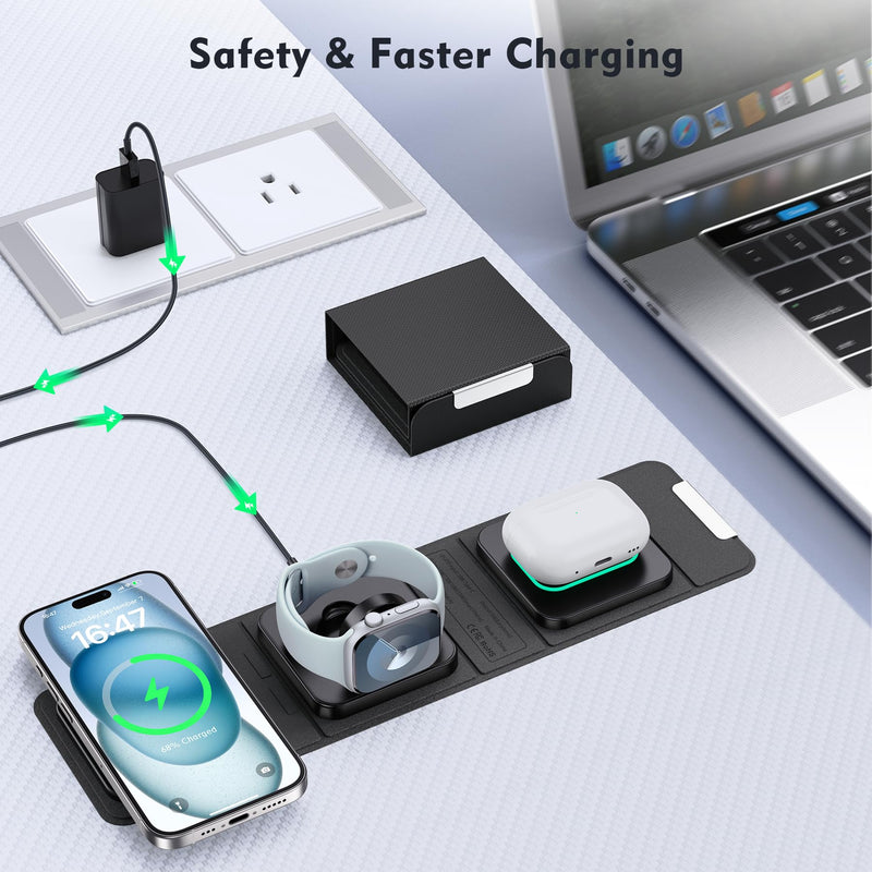 Wireless Charger for iPhone - 3 in 1 Charging Station for Apple Multiple Devices, Foldable Magnetic Mag-Safe Travel Charging Pad for iPhone 15 14 13 12 Pro Max Plus iwatch Watch & Airpods Black