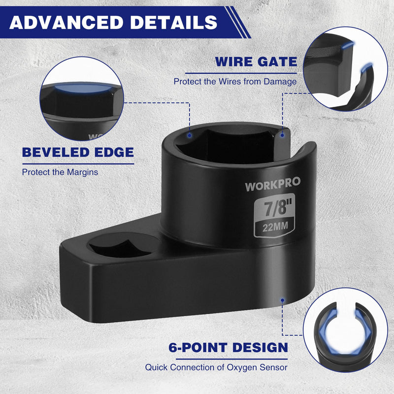 WORKPRO O2 Oxygen Sensor Socket 3/8” Drive x 7/8” 22mm, Offset Oxygen Sensor Removal Tool Wrench, 6-Point O2 Sensor Tool with Wire Gate
