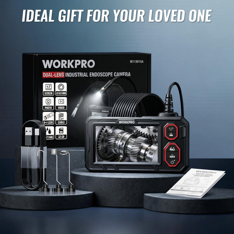 WORKPRO 4.3-Inch Rechargeable Industrial Endoscope Camera, IP67 Waterproof 1920P HD Dual Lens Borescope with 9 Adjustable LEDs, Inspection Camera with 16.4 ft Semi Rigid Cable