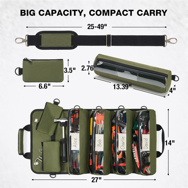 HISEA Roll Up Tool Bag, Heavy Duty Tool Storage Large-Capacity, 27"*14" Portable Tools Organizer with Utility Detachable Pouches, Waterproof Tool Roll Bag for Mechanic, Electrician, Gifts Green 14inch