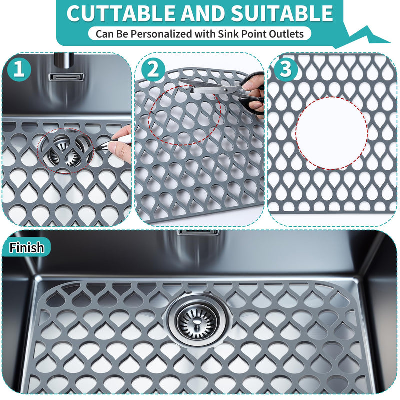 3 Pack Sink Mat and Sink Saddle Set, 13.4 x 11.5 Inch Protectors for Kitchen, Non Slip Silicone Dishwasher Safe, Folding Grid Protect from Stains, Damage, Scratches (Cuttable) Cuttable