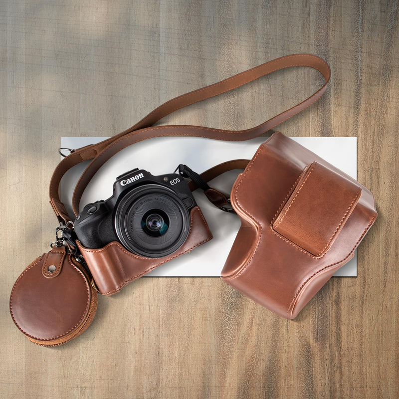 MUZIRI KINOKOO Protective Case for Canon EOS R50/R100 Camera and 18-45mm Lens, PU Leather EOSR50 R100 Camera Bag Including Half Case, Flip Cover, Shoulder Strap and Storage Pocket - Coffee