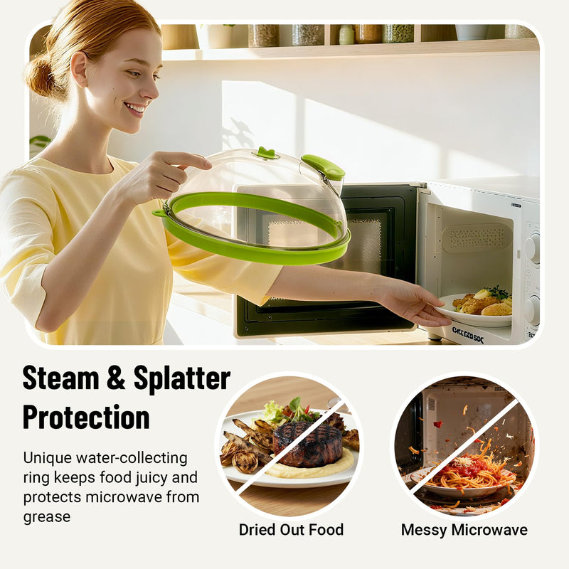 Microwave Splatter Cover with Water Steamer, Upgraded Microwave Cover for Food with Handle, Clear Plate Covers, Splatter Guard, Kitchen Essentials Gadgets, House Warming Gifts New Home, 10 Inch Green 10inch