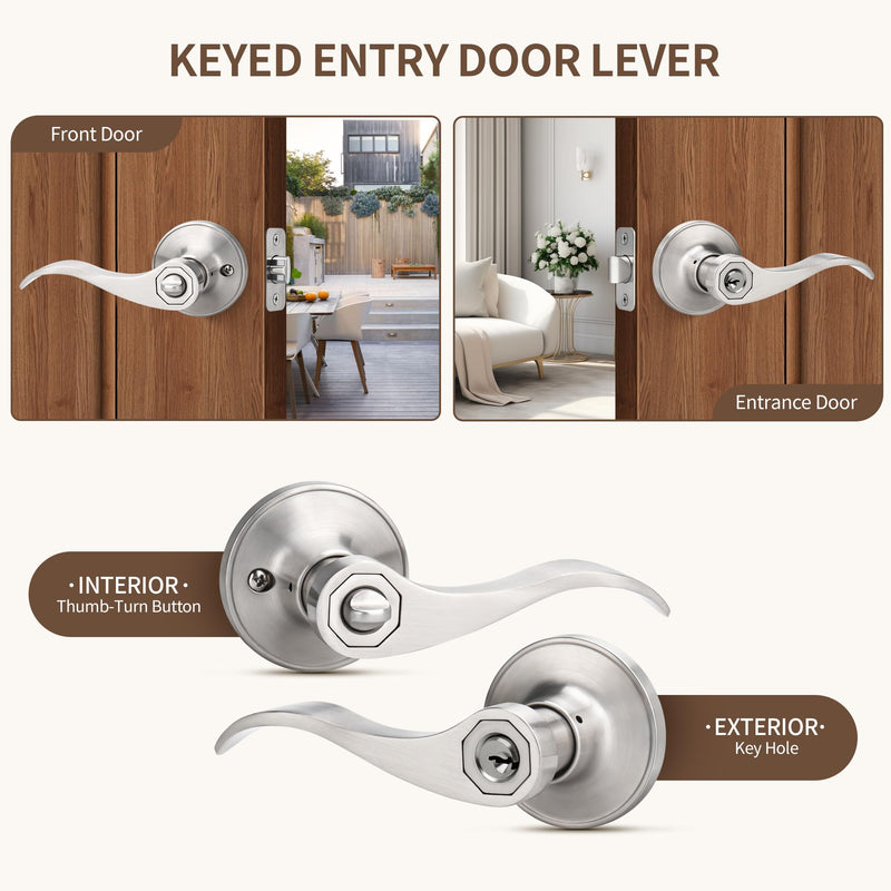 Moquin Wave Design Keyed Entry Door Lever with Lock, Reversible Door Handle for Right/Left Side Front/Entrance Door Lock in Satin Nickel Finish Keyed Entry-Lock & Key
