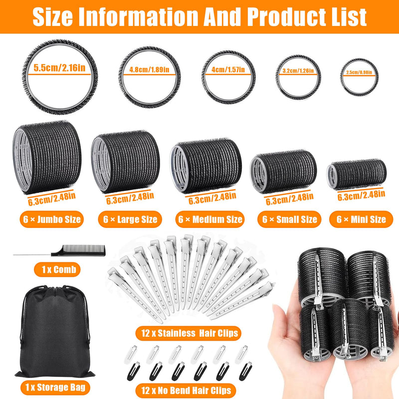 56 Pcs Velcro Hair Rollers Set with 5 Sizes, Self Grip Hair Roller with Clips for Jumbo, Large, Medium, Small, Mini, DIY Hairdressing Curlers for Volume, Long, Medium, Short, Thick, Fine Hairs (Black)