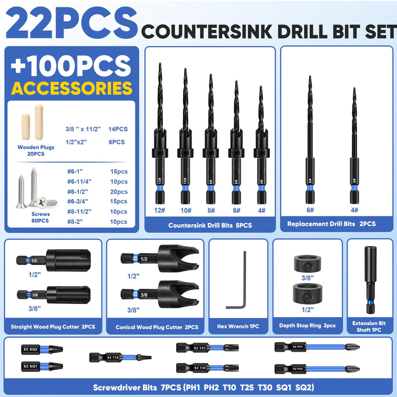 Countersink Drill Bit Set, 22PCS Counter Sink Drill Bit for Wood with 100PCS Accessories, Wood Plug Cutter, Adjustable Depth Stop Collar, Hex Shank M42 HSS Tapered Drill Bits for Woodworking 22 PCS