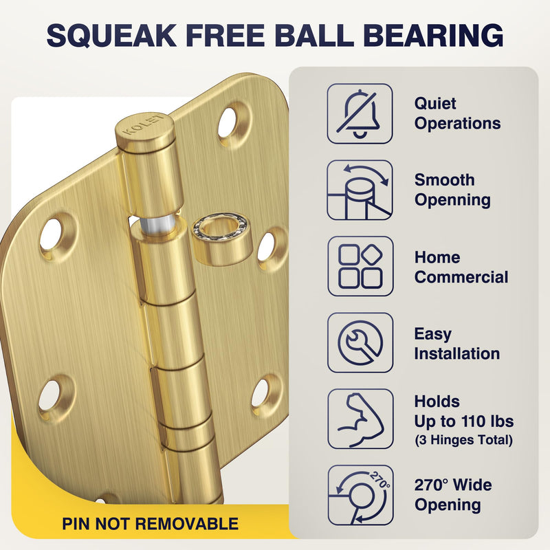 KOLET Ball Bearing Gold Door Hinges, 3.5 Inches Brushed Gold Door Hinges, 5/8'' Radius Corner Heavy Duty Stainless Steel Hinges, Smooth and Quiet, Non Removable Pin, Brushed Gold, 3 Pack