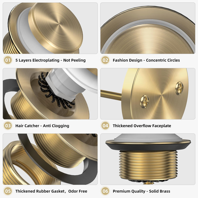 Brushed Gold Tub Drain Kit with Hair Catcher, Premium Brass Tip-Toe Bathroom Tub Drain Replacement and 2-Hole Overflow Faceplate, 11.5/16 UNC Bathtub Drain Stopper Assembly Brushed Gold