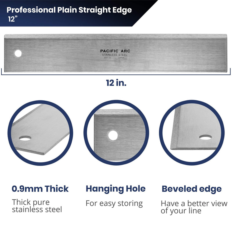 Pacific Arc 12" Straight Edge Stainless Steel 0.09" Thick Steel, Heavy Duty 12 Inch