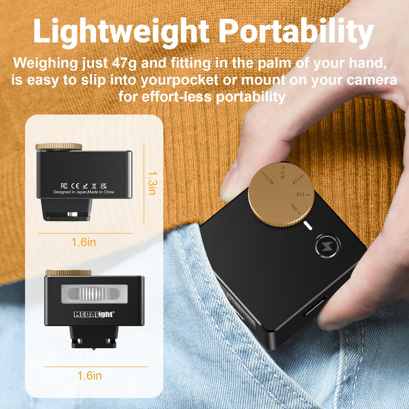 MEDALight Mini Flash F50 Camera Flash GN10,5 Power Levels Aluminum Manual Hot Shoe Flash for Ricoh GR3/Sony zv1/Sony zve 10/Fuji/Canon/Nikon/Film Cameras.(Black)