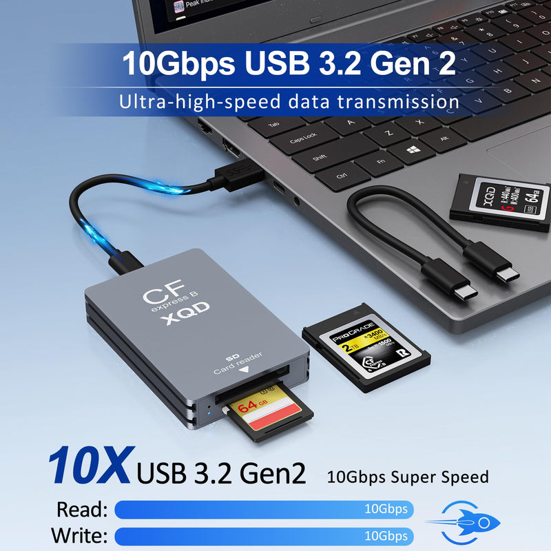 CFexpress Type B/XQD/SD Card Reader, 10Gbps USB3.2 Gen2 3-in-1 Aluminum CFexpress Type B Card Adapter SD/XQD Card Reader with USB C/USB-A Cable for Thunderbolt 3/4 for Photographers & Videographers