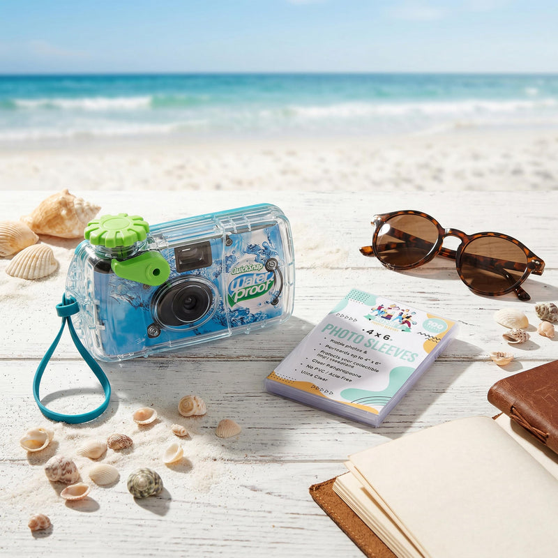 Fujifilm QuickSnap 800 Waterproof Camera Bundle with Archival Photo Sleeves | Single use 35 mm color film camera, 27 exposures, waterproof up to 35 feet, with 100 4x6 clear photo sleeves for prints