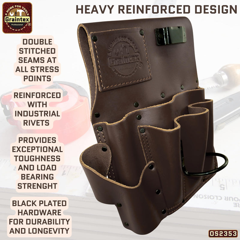Graintex Drywall Pouch Brown Color Heavy Duty Top Grain Leather, Steel Hammer Holder, Drywall Tool Belt, Framers Tool Pouch, Construction, Carpenter, Electricians - OS2353 Right Handed