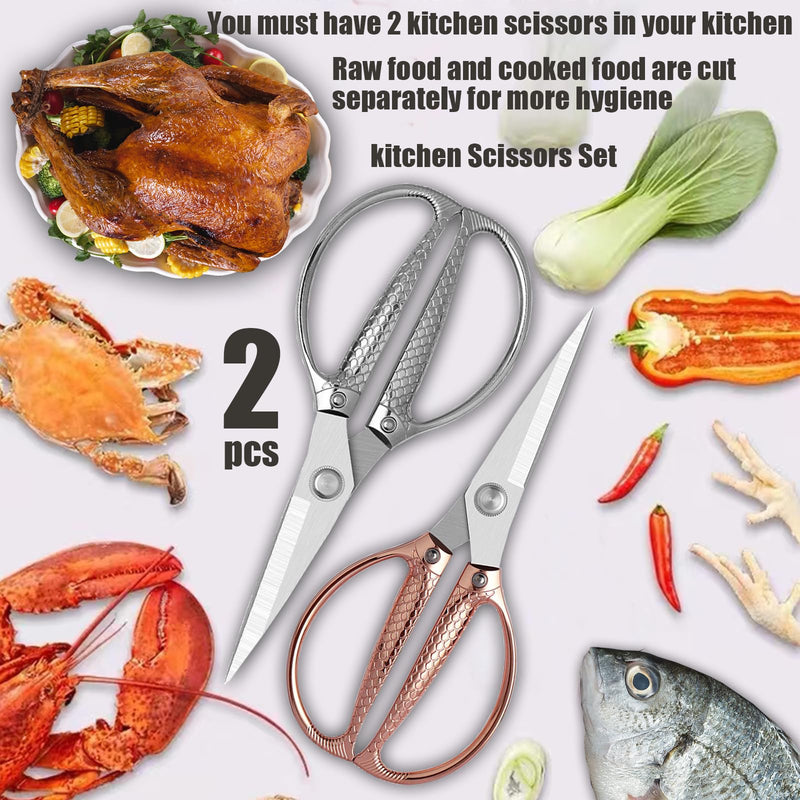 Kitchen Shears 2 Pack, Heavy Duty Poultry Shears, Dishwasher Safe, All Purpose Stainless Steel Utility Scissors for Kitchen, Chicken, Fish, Herbs, Turkey Silver+rose Gold