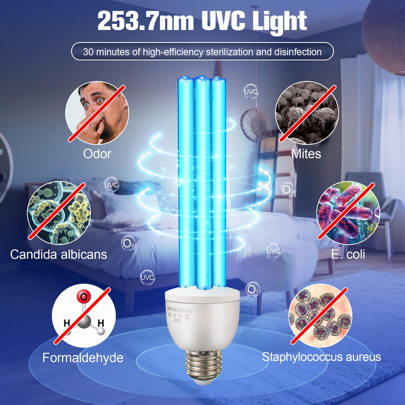 Qualirey 25 Watt Replacement UVC Santizer E27 110V, 185 nm / 254 nm UV Light Bulb for Basement, Bedroom, Kitchen, Closet, Garage and Storage Room(2 Pack,with Ozone) 2 With Ozone