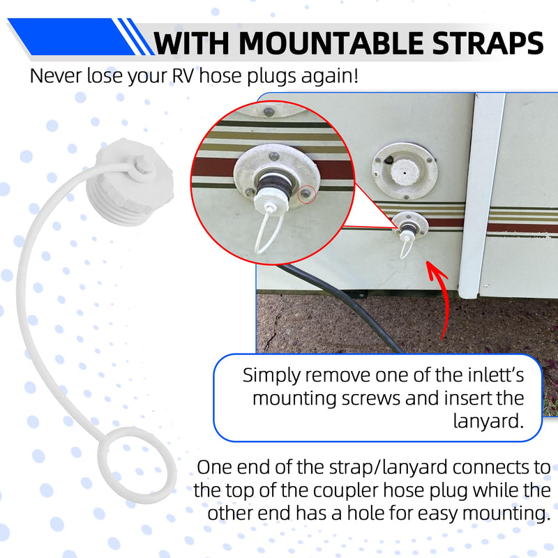 TonGass (2-Pack, White) Coupler Hose Plugs with Straps, Easy Twist 3/4" MPT Connectors Compatible with Most RV City Water Inlets, Keep Dust and Debris from the Fresh Water System - B Style B Strap