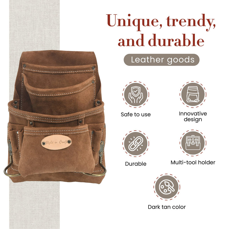 Style n Craft 10-Pocket Carpenter’s Nail and Tool Pouch, Heavy-Duty Suede Leather Pouch, Dark Tan (88923) Dark Tan - Standard