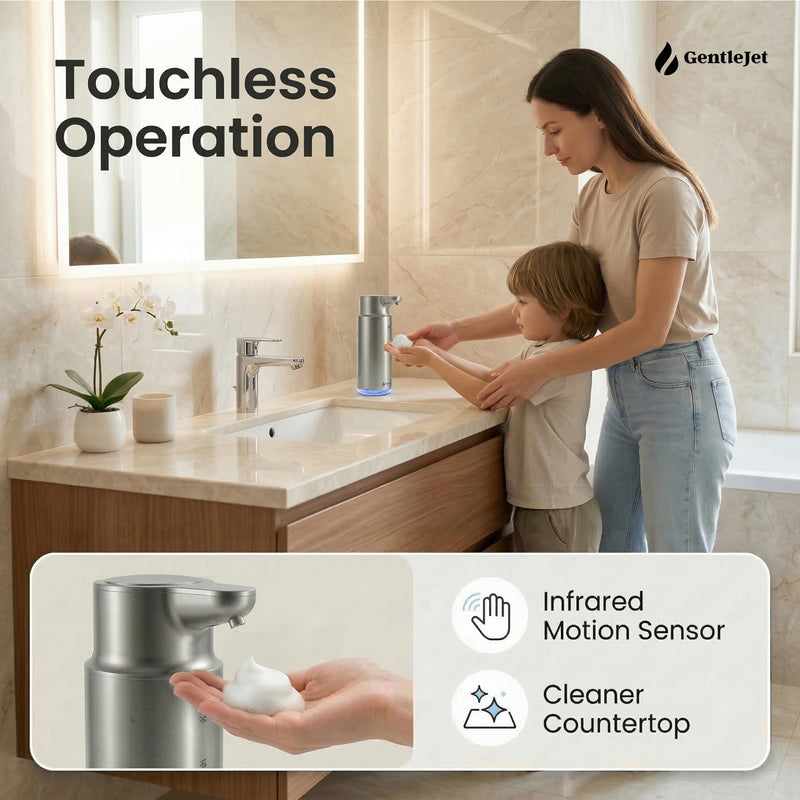 CrystalJet Automatic Foam Soap Dispenser – Stainless Steel, Touchless Sensor, USB-C Rechargeable, Waterproof, Modern Bathroom & Kitchen Sink, 300 ml Silver