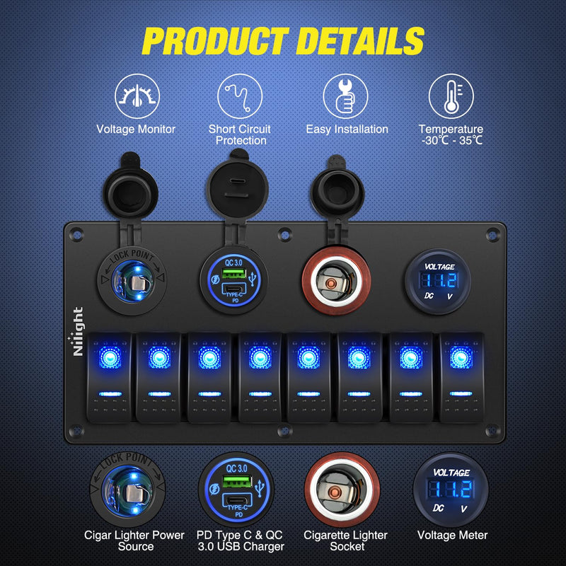 Nilight 8 Gang Rocker Switch Panel Waterproof Aluminum Marine with PD Type C & USB Charger Cigarette Lighter Socket Voltmeter Inline Fuse 12V 24V ON Off Pre-Wired Switches for Car Truck Boat Blue 8+4 Gang Type C +USB