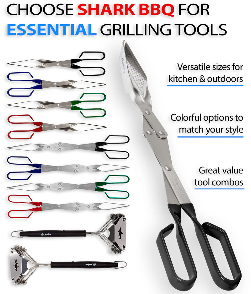 Shark BBQ Grill Tongs - 17 inch Black. Professional kitchen and outdoor grilling utensil. Long reach Barbeque Grilling Tongs. Ideal for steak, fish, burger, and sausage Black Long-reach