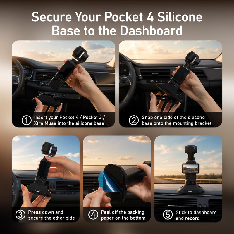 Upgraded Silicone Stand Base for DJI Osmo Pocket 4P/4/3/Xtra Muse | Detachable Adhesive Base for Car & Desktop, Osmo Pocket 4 Accessories Fits Battery Handle & 1/4" Handle, Stable & Non-Slip