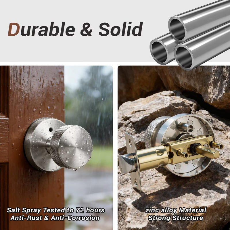 Knobonly 1 Pack Satin Nickel Door Knobs Interior, Privacy Door knobs with Lock, Round Door Knobs for Bedroom and Bathroom, Silver Door Handles Zinc Alloy