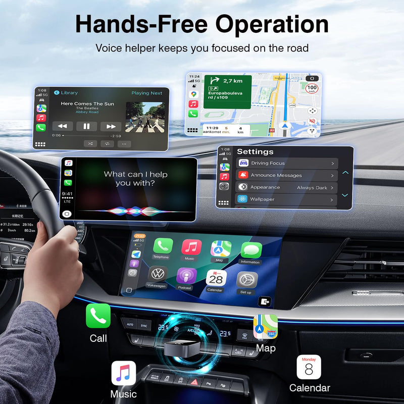2-in-1 Wireless CarPlay & Android Auto Adapter Bluetooth 5.3 5GHz Wi-Fi | USB A and Type-C convert wired into wireless plug and play, which is suitable for iOS 10+ Android 11+.