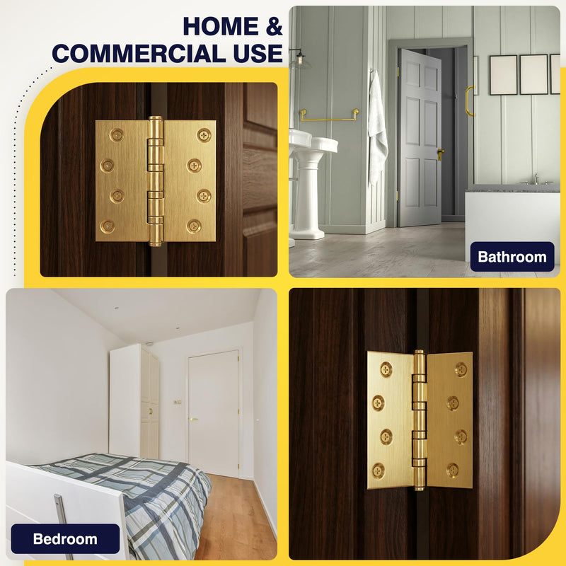 KOLET Ball Bearing Brushed Gold Door Hinges, 4 x 4 Inches Brass Gold Door Hinges, Square Corner, Stainless Steel Hinges, Heavy Duty, Smooth and Non Removable Pin, Brushed Gold, 3 Pack