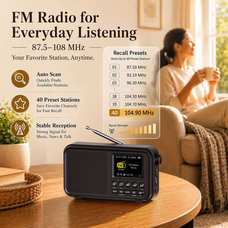 PPLEE Portable FM Radio with Bluetooth, NOAA Weather Alert, Dual Alarms | 2.4" Color Display, USB-C Rechargeable Battery, microSD Music, EQ Sound, FM/WB Radio for Bedroom Office Travel Black