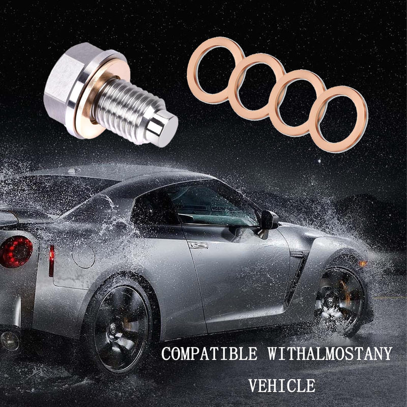 M14x1.5 Magnetic Oil Drain Plug, Magnetic Stainless Steel Oil Pan Drain Nut Bolt with 5PCS Copper Crush Washer Anti Leakage, Universal Leak-proof Replacement,Fits Most Cars,Motorcycles,Boats M14×1.5