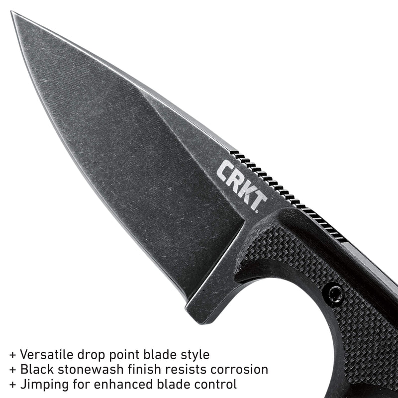 CRKT Compact Fixed Blade Knife: Minimalist Black Drop Point, Folts Utility Knife with Stonewashed Blade, G10 Handle and Nylon Sheath 2384K