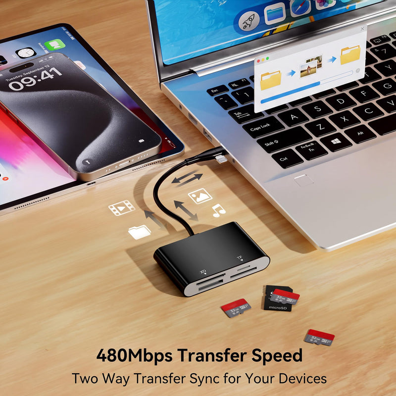 Memory Stick Pro Duo Adapter, SD/XD/TF/MS Card Reader for Lightning/USB-C | 4-in-2 Memory Stick Pro Duo Reader for iPhone17/16/15/14, iPad, Android, PC/Laptop, Black