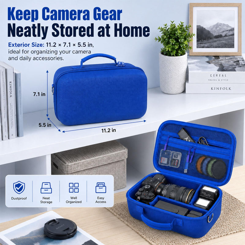 Camera Case for Canon EOS Rebel T7/R50/R100/for Sony a7iv/Mirrorless | EVA hard shell, Oxford fabric, 4 adjustable dividers and 3 mesh pockets for camera travel and home storage-Blue (Case Only) Blue