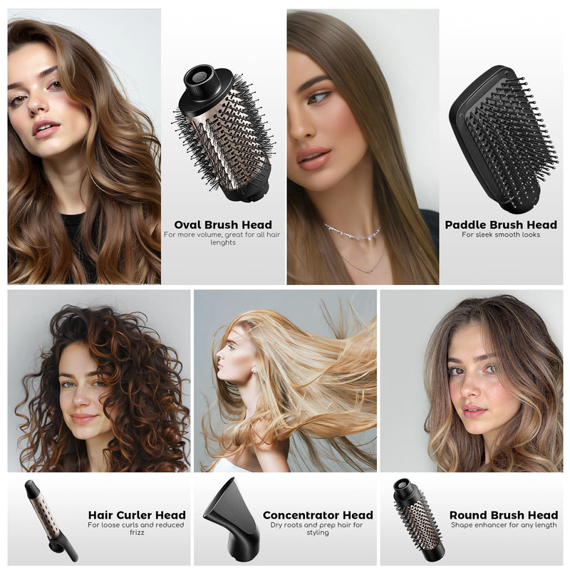 Hair Dryer Brush, 5-in-1 Blow Dry Hair Brush, Multi Hot Air Styler for Drying and Styling Volumizing Curling Sleeking in One Step, Ceramic Coating, Less Frizz, 3 Temperatures, UK Plug, Black Gold