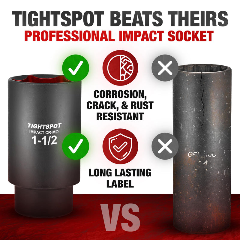 TIGHTSPOT 1/2 Inch Drive - 1 1/2 Inch Deep Impact Socket with Anti-Rounding 6 Point Design, Heat-Treated CRMO Steel 1/2” Drive Deep Socket 1/2” Drive 1 1/2” Deep Impact Socket - 6pt