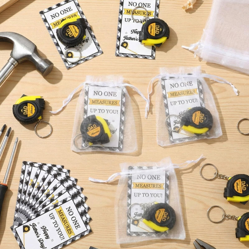Chunful 30 Pcs Mini Measure Tape Keychain Set Employee Coworkers Gift Fathers Men Gifts Bulk 3 ft Small Retractable Measuring Tape Bulk with Father's Day Cards White Organza Bags(Yellow) Yellow