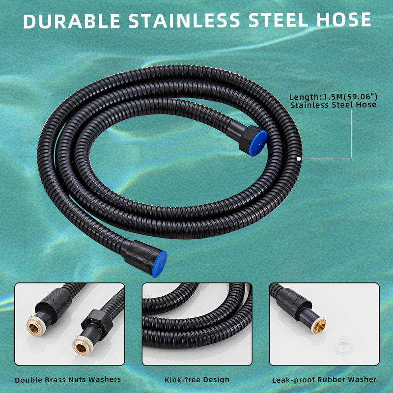 Black square hand shower head, handheld shower head with hose,brass High pressure flushing With adjustable water supply elbow Wall mount connector Shower bracket and hose set Black