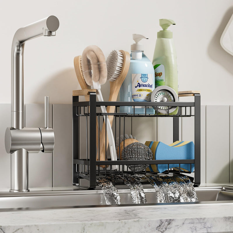 Sink Caddy Organizer with Wooden Handle, 2-Tier Rustproof Metal Sink Organizer Non-Slip Suction Cups, Multi-Functional Storage for Sponge, Soap Dispenser, Kitchen and Bathroom Countertop Accessories 2 Tier Black