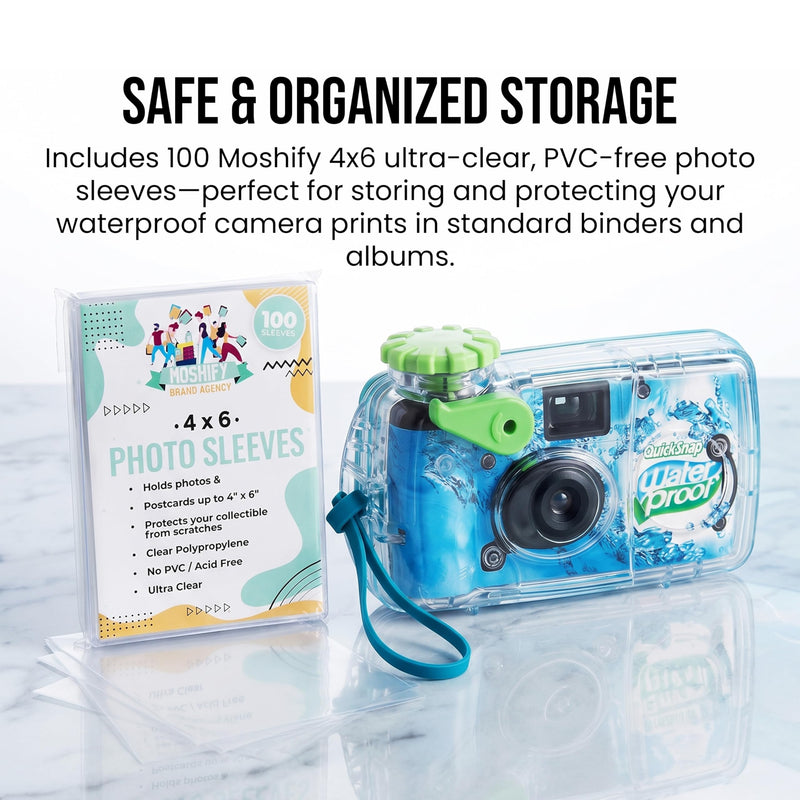 Fujifilm QuickSnap 800 Waterproof Camera Bundle with Archival Photo Sleeves | Single use 35 mm color film camera, 27 exposures, waterproof up to 35 feet, with 100 4x6 clear photo sleeves for prints