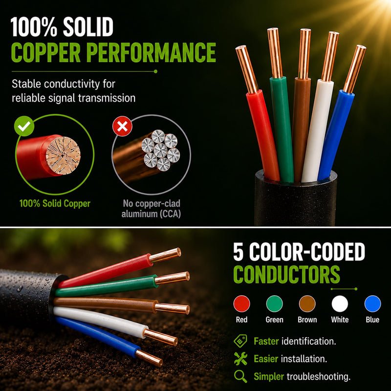 SYSTON 18/5 Sprinkler Wire, 100% Solid Copper Irrigation Control Wire, Direct Burial Underground Low Voltage Cable, UV Sunlight Resistant PE Jacket for Sprinkler Systems, 18 AWG 5 Conductors, 50 FT 18/5 Black