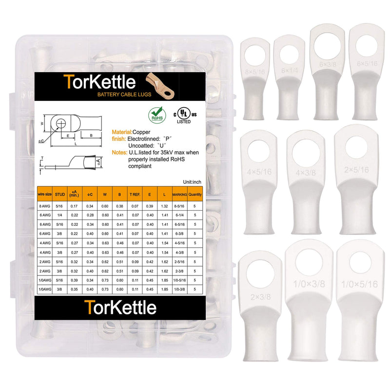 Battery Cable Ends Terminal Connectors Wire Copper Lugs Assortment Kit AWG 8 6 4 2 1/0 Gauge 5/16 3/8 Tinned Crimp Marine Ring Eyelets-10 Sizes 50PCS AWG8~1/0 Tinned copper