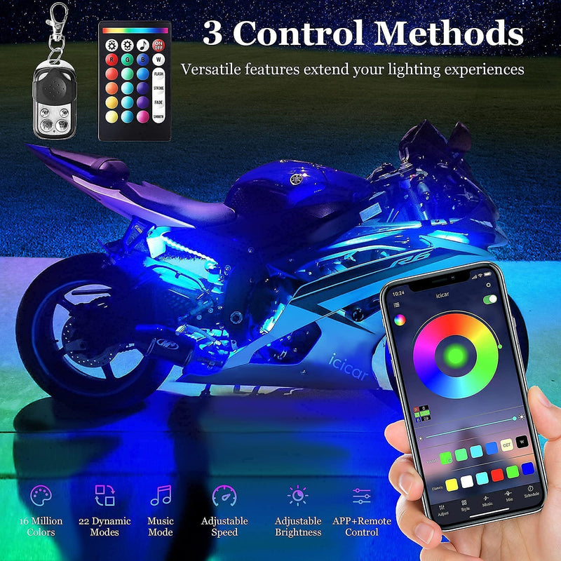 8PCS RGB Motorcycle LED Underglow Kit, App Control Dual Remote Multi-Color IP68 Waterproof Music Sync Accent Light with Brake Turn Signal for Harley Honda Golf Cart 8PCS