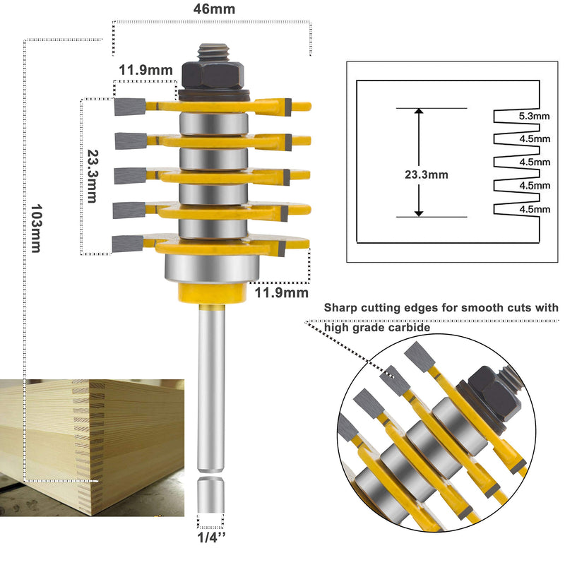 1/4 Inch Shank Router Bit Set & 5 Finger Joint 3Pcs, Tongue and Groove Wood Milling Cutter Drilling Carbide Tool For Door Table Cabinet Shelve(1/4-5 Finger) 3