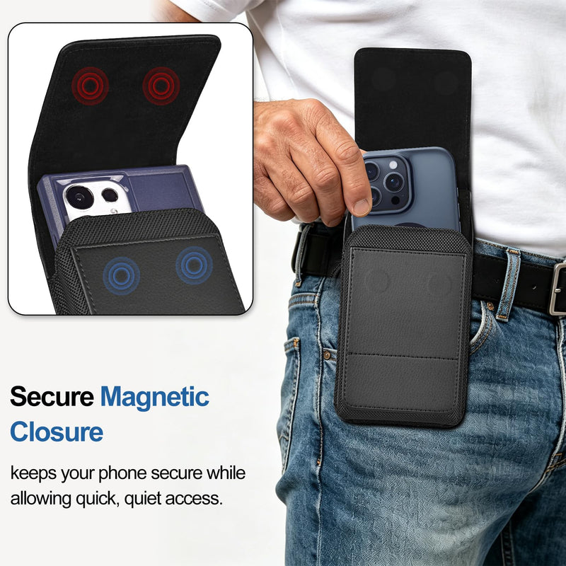 Leather Phone Holster for iPhone 13 Pro Max, Black | Belt Clip, Magnetic Closure, Card Holder, Premium PU Leather, Elastic Side Bands, Soft Lining, Fits Protective Cover on