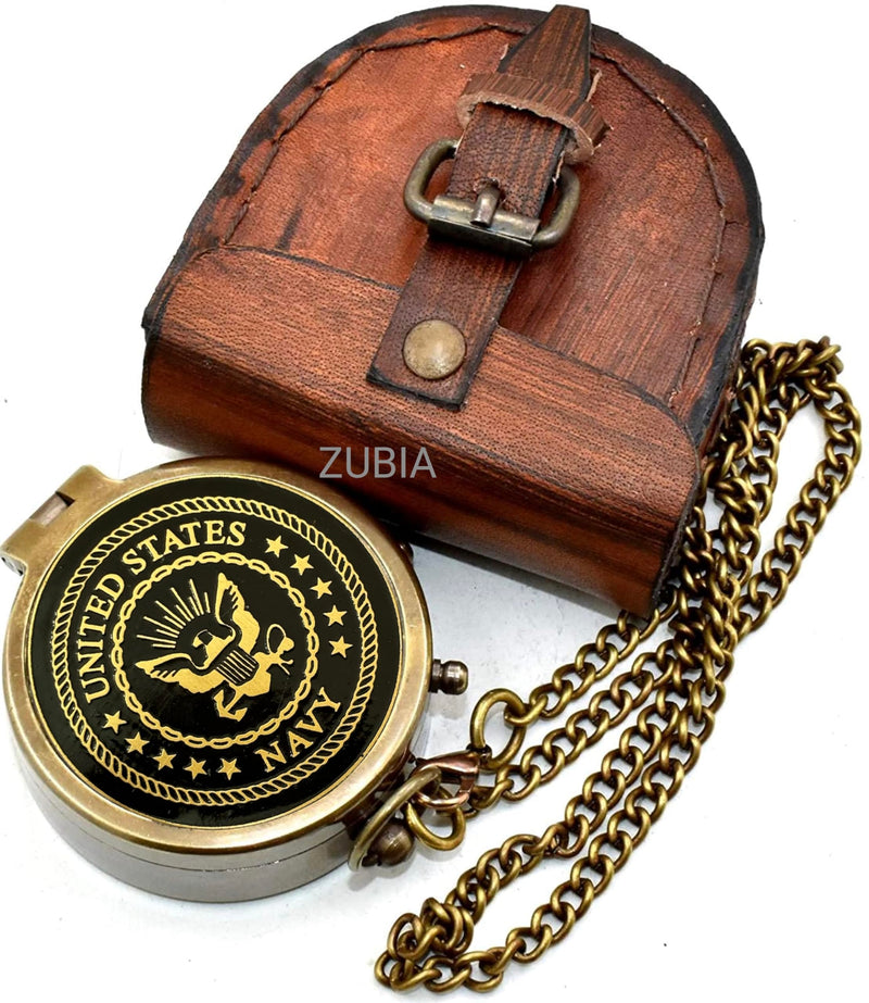Navy Engraved Brass Pocket Compass with Leather Case, Vintage Antique Style Navigation Compass, Personalized Nautical Gift for Men, USN & Marine Inspired Keepsake for Graduation, Birthday