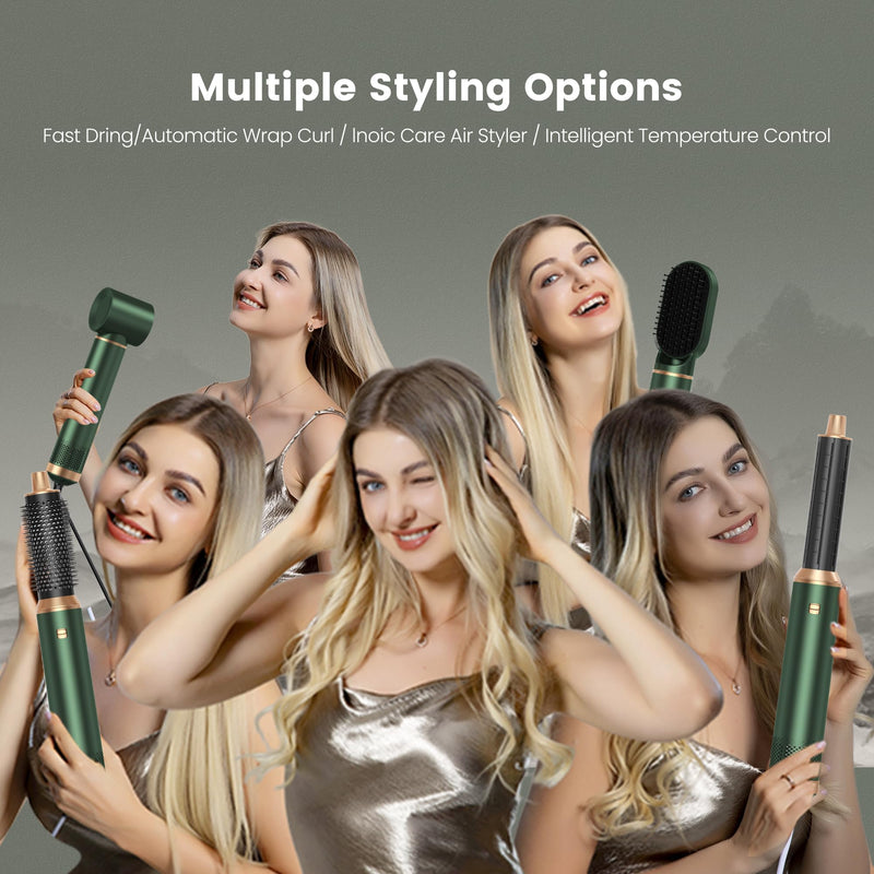 Hair Styler 5 in 1, Multi Air Styler Set with Ionic Hair Dryer,Auto Air Curler,Thermal Brush,Hair Dryer Set for Styling, Fast Drying, Volumizing,Curling,Straightening, Ion Care Green