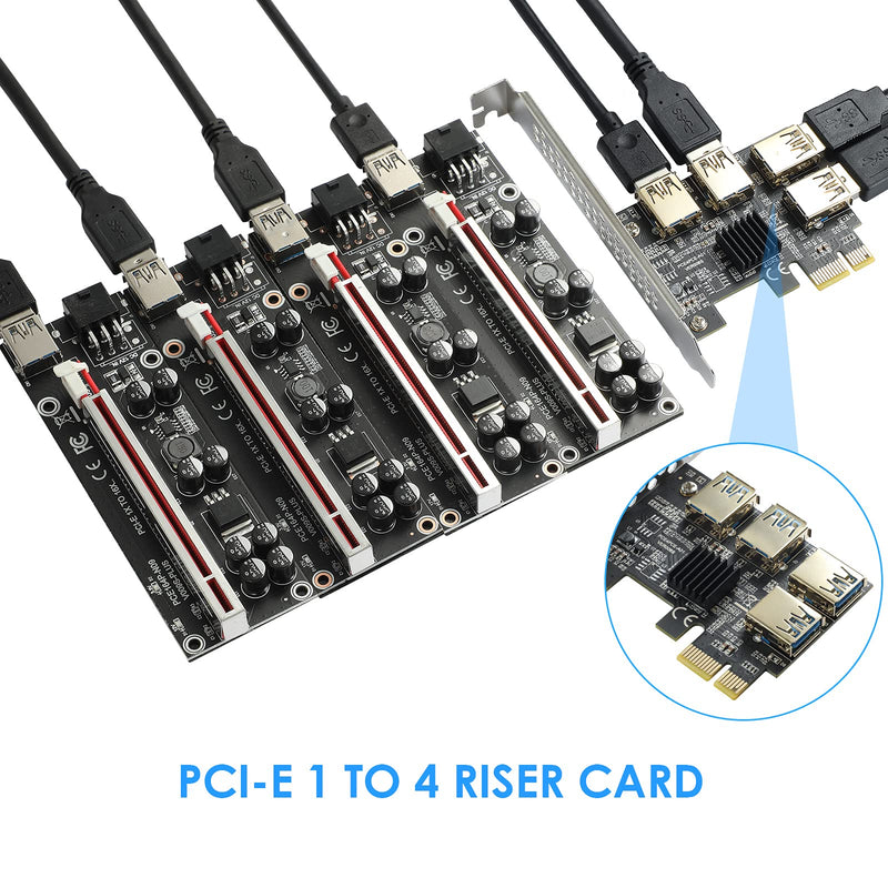 PCI-E 1-4 Riser Card, 16X Slots Riser Card Adapter, USB 3.0 Expansion Card, for DOS/Linux/WinXP/Win7 / Win8 / Win10 (No USB Cable)