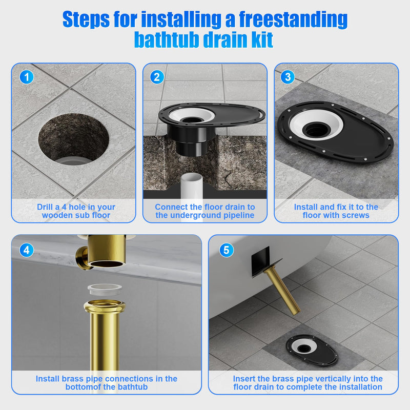 Upgrade Freestanding Tub Drain Kit - Brass & ABS Pipe, Anti-Backflow Leakproof, 1.5/2 Inch Pipe Fit, for Freestanding Bathtubs, floor-standing bathtubs, and island bathtubs Black