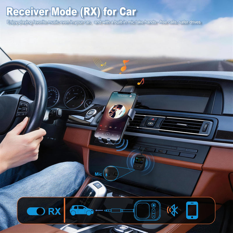 2-in-1 Bluetooth 6.0 Transmitter Receiver, Bluetooth Adapter for Airplane | Works with In-Flight Use,TV,Car/Home Stereos,Supports 2 Headphones,3.5mm AUX Wireless Audio Adapter with Mic & Color Display Black