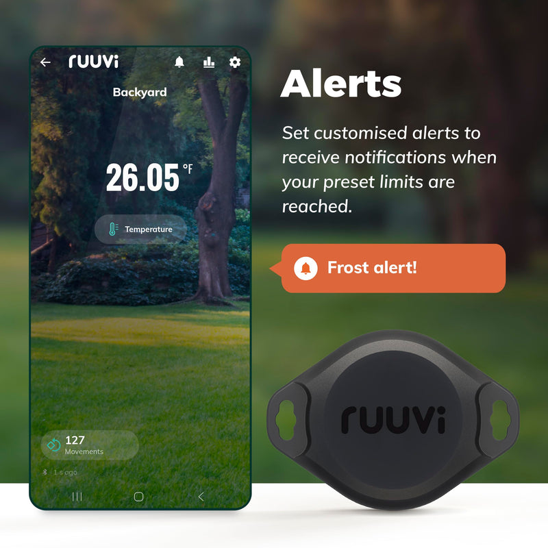RuuviTag Pro 2in1 Wireless Bluetooth Temperature (°C/°F), and Motion Sensor. Alerts & History. Free Android/iOS apps. Integrates with Victron, Homey, and Home Assistant. Made in Europe.